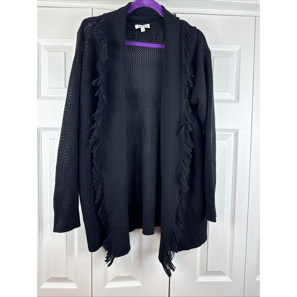 Johnny Was Wool/Cashmere Crochet Cardigan Fringe Trim Black Women's Size Medium